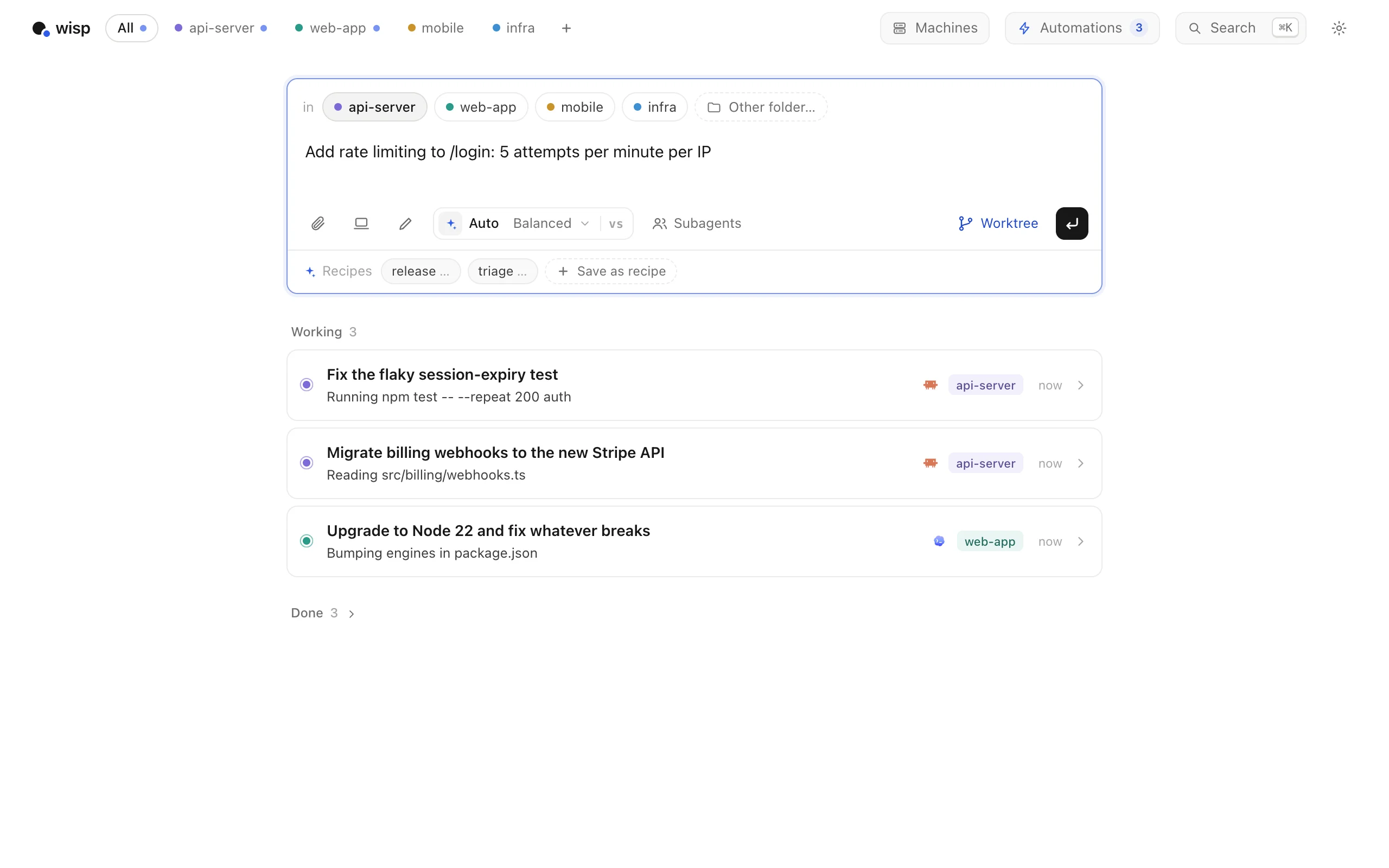Three tasks in the Working group: fixing a flaky test, a Stripe webhook migration and a Node 22 upgrade, each with a live status line.