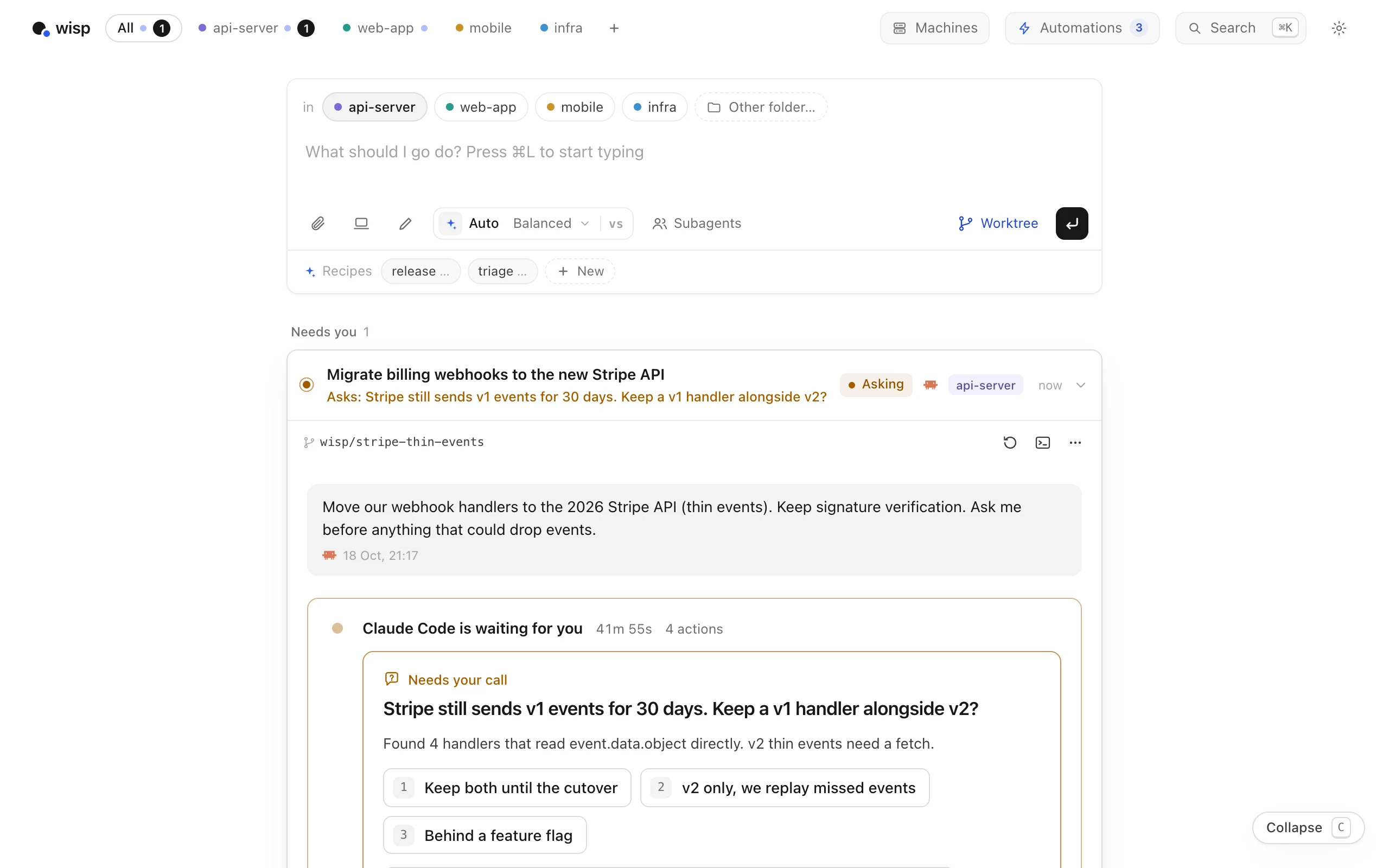 The Stripe migration task paused on a question with three numbered options.