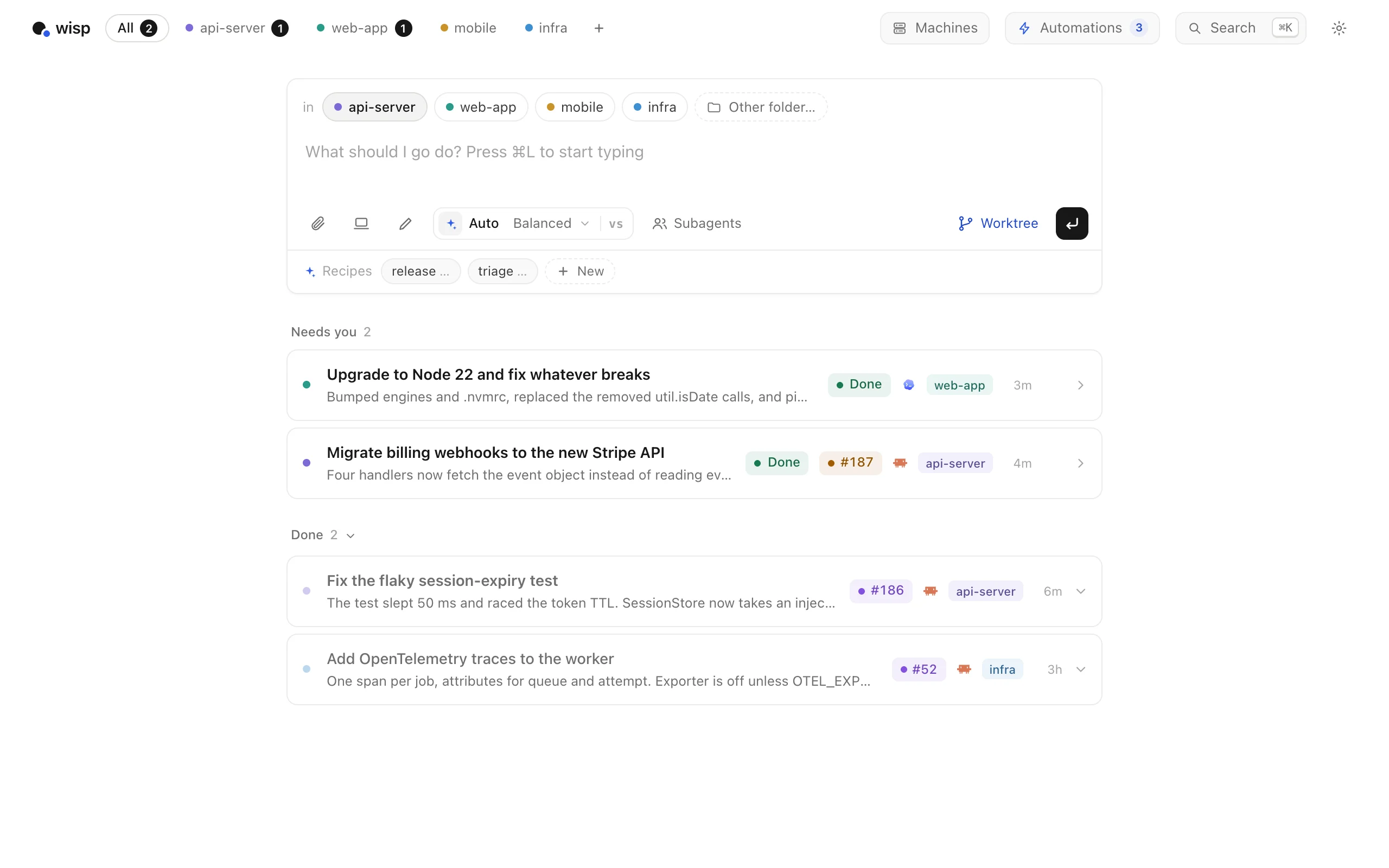 The queue later: two reports in Needs you, and the flaky-test fix merged as PR #186.